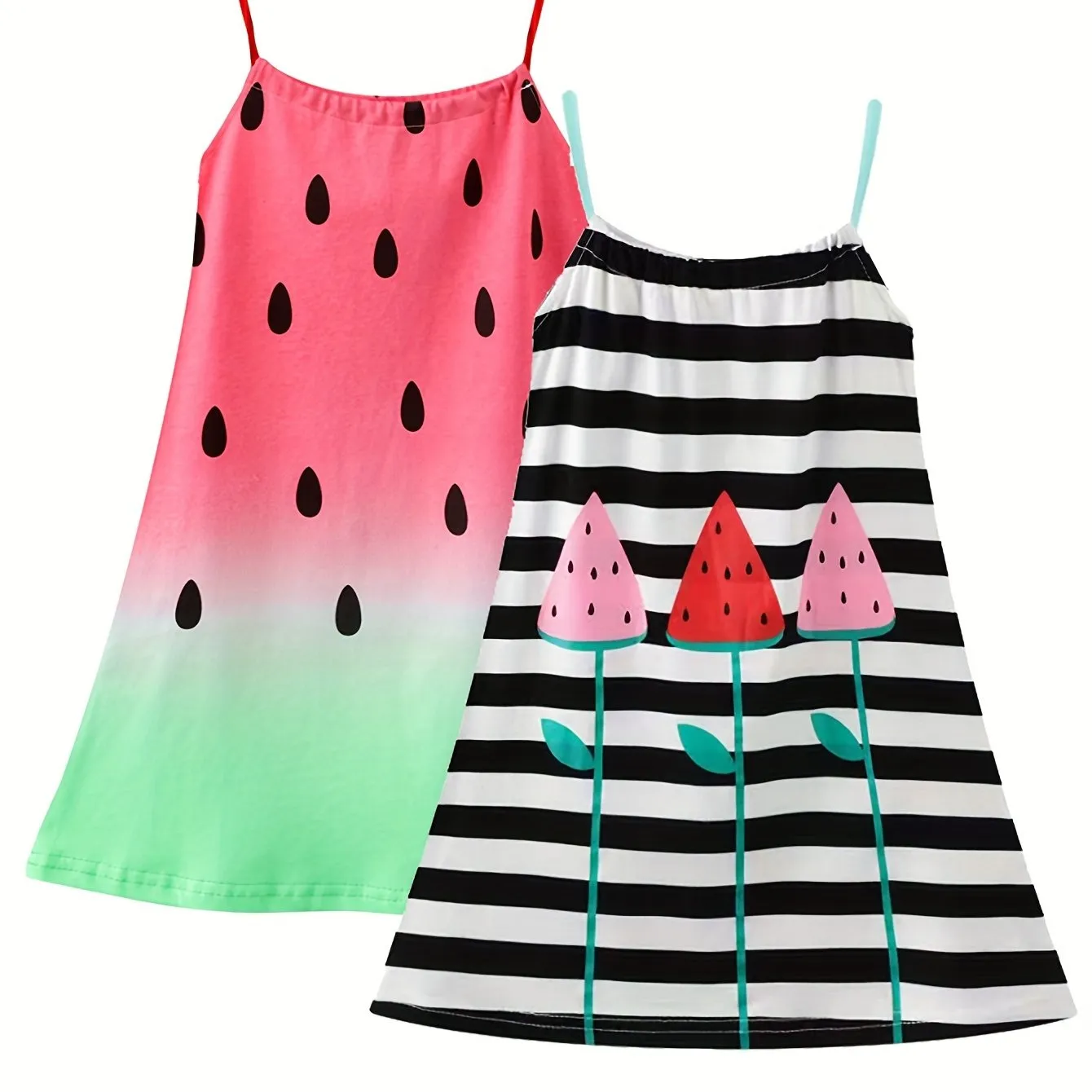 2pcs Girls Adorable Watermelon Stripe Cami Dress Set - Soft 100% Cotton, Breathable & Fun for Summer Parties, Perfect Holiday Gift Idea