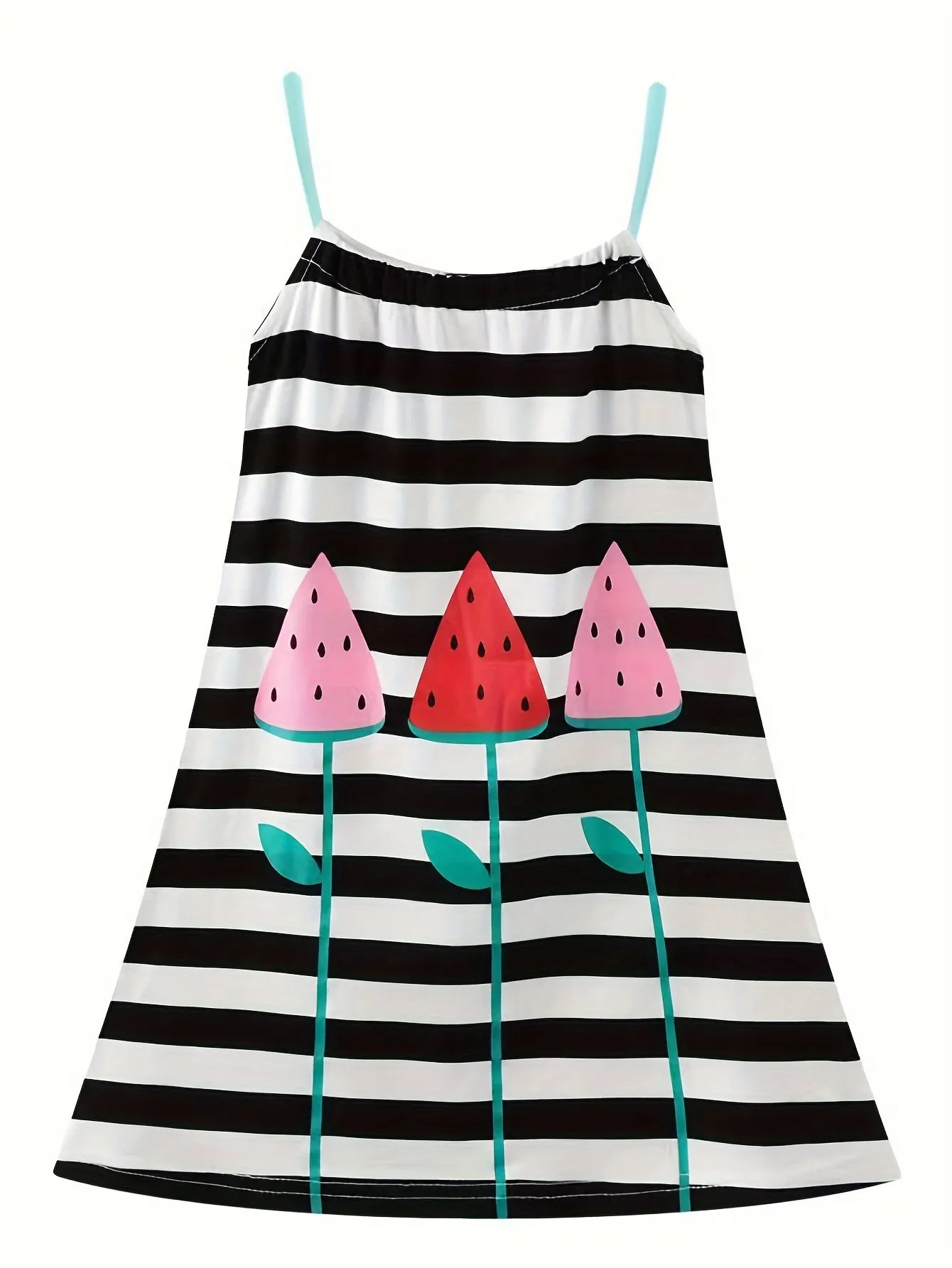 2pcs Girls Adorable Watermelon Stripe Cami Dress Set - Soft 100% Cotton, Breathable & Fun for Summer Parties, Perfect Holiday Gift Idea