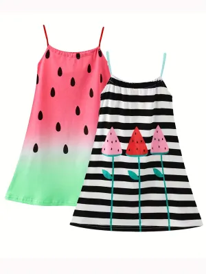 2pcs Girls Adorable Watermelon Stripe Cami Dress Set - Soft 100% Cotton, Breathable & Fun for Summer Parties, Perfect Holiday Gift Idea