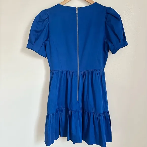 alice   olivia ann tiered mini dress in cobalt | short puff sleeves | size 4