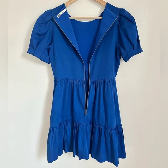 alice   olivia ann tiered mini dress in cobalt | short puff sleeves | size 4