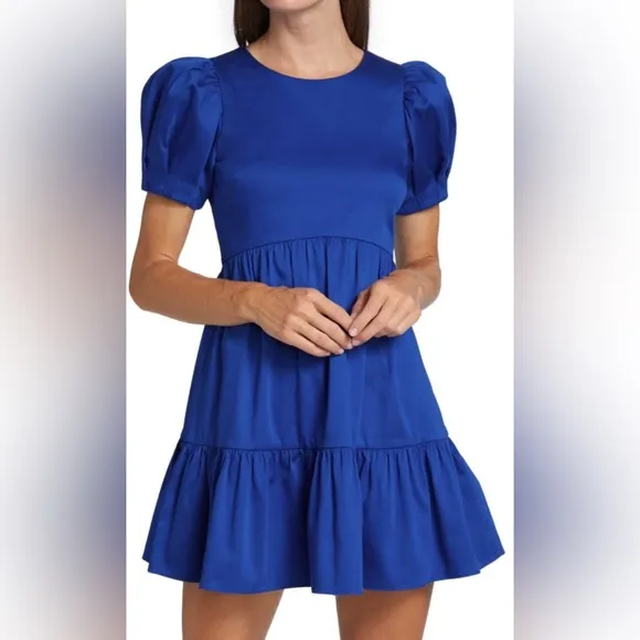 alice   olivia ann tiered mini dress in cobalt | short puff sleeves | size 4