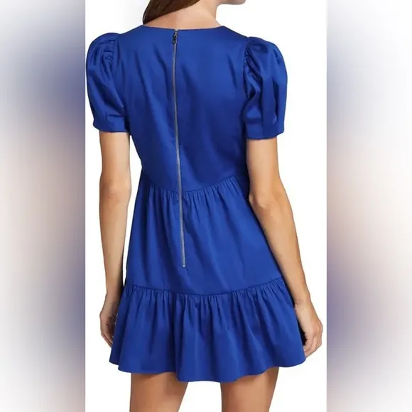 alice   olivia ann tiered mini dress in cobalt | short puff sleeves | size 4