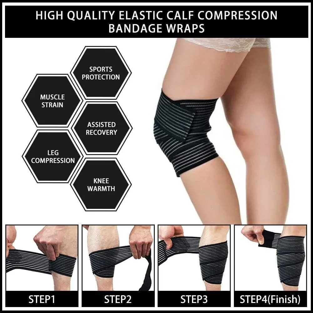 ALYV 2PCS Extra Long Elastic Knee Wrap Compression Bandage Brace Support for Legs, Plantar Fasciitis, Stabilising Ligaments, Joint Pain (Black)