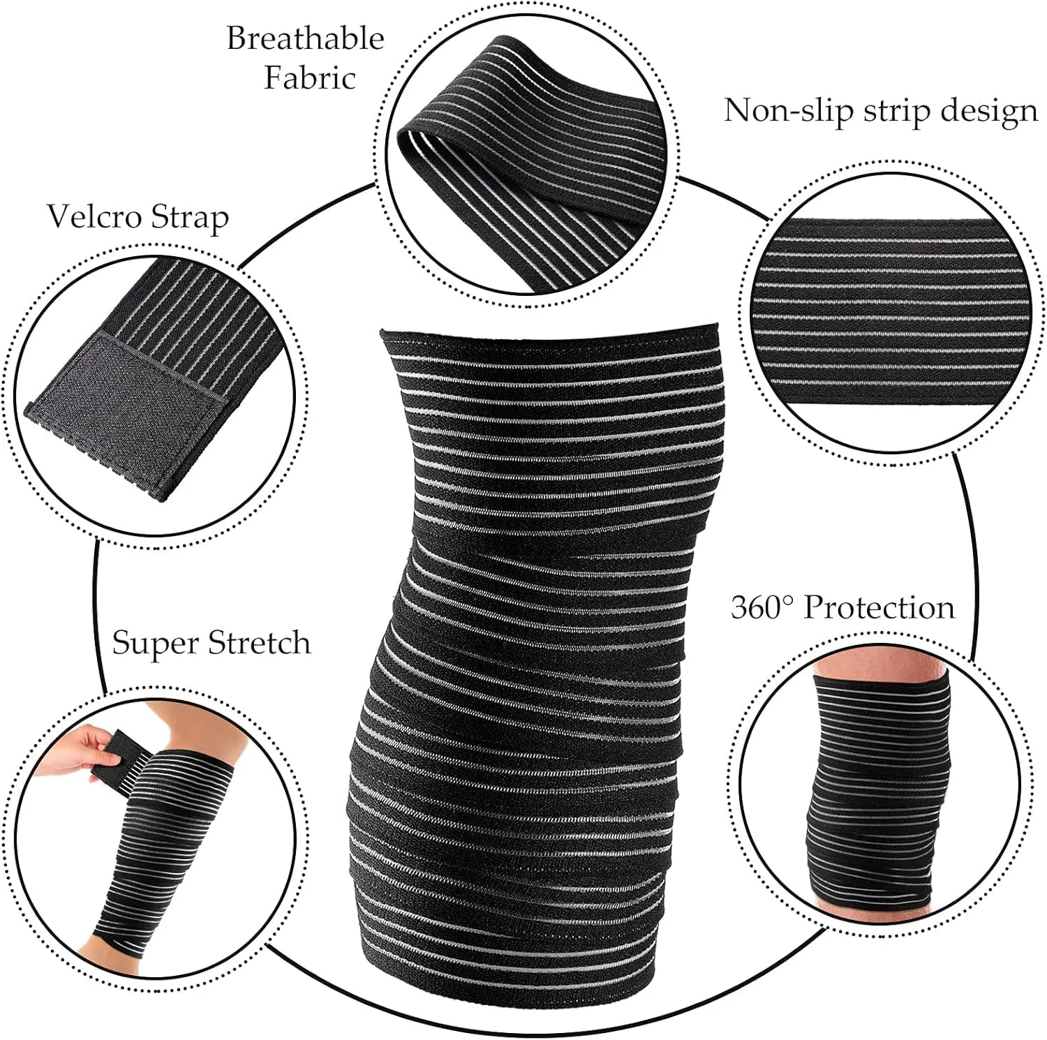 ALYV 2PCS Extra Long Elastic Knee Wrap Compression Bandage Brace Support for Legs, Plantar Fasciitis, Stabilising Ligaments, Joint Pain (Black)