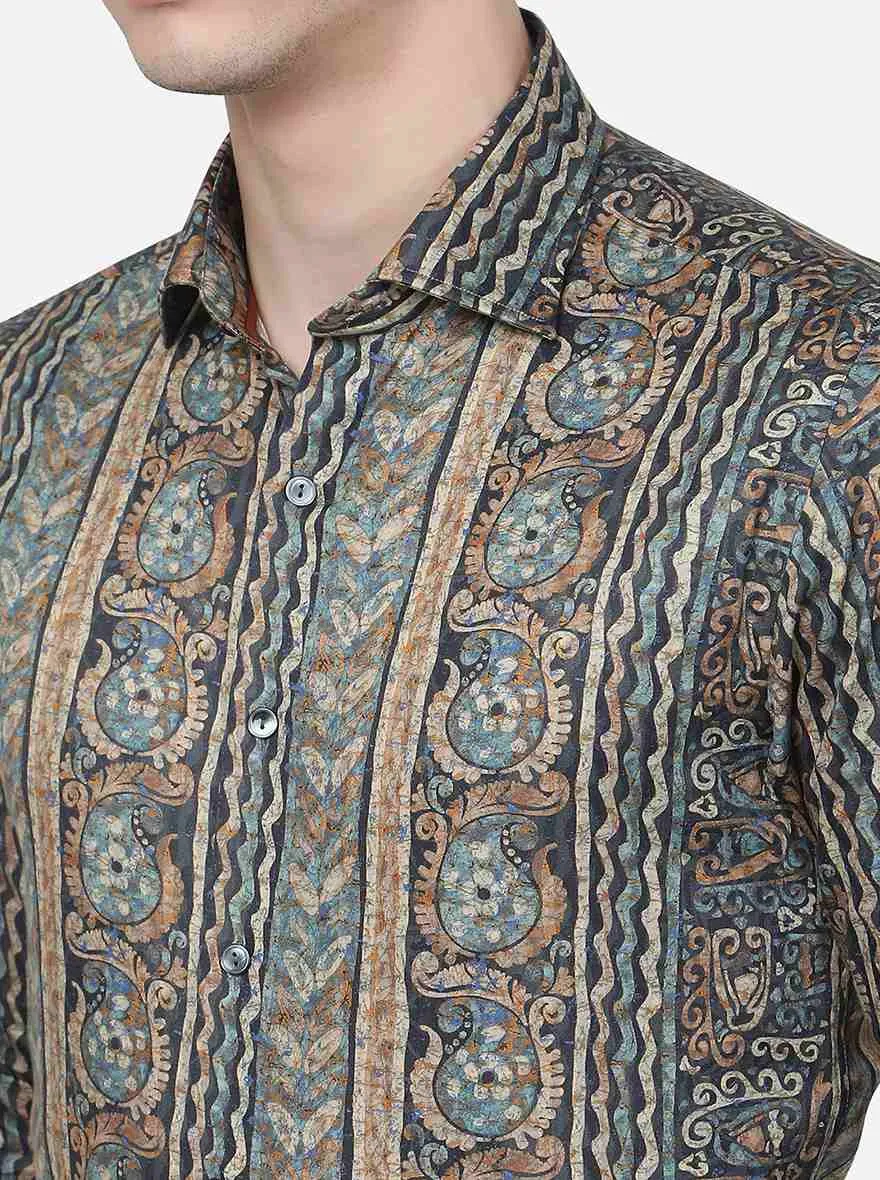 Blue Printed Slim Fit Party Wear Shirt | Wyre