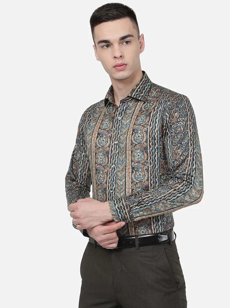 Blue Printed Slim Fit Party Wear Shirt | Wyre