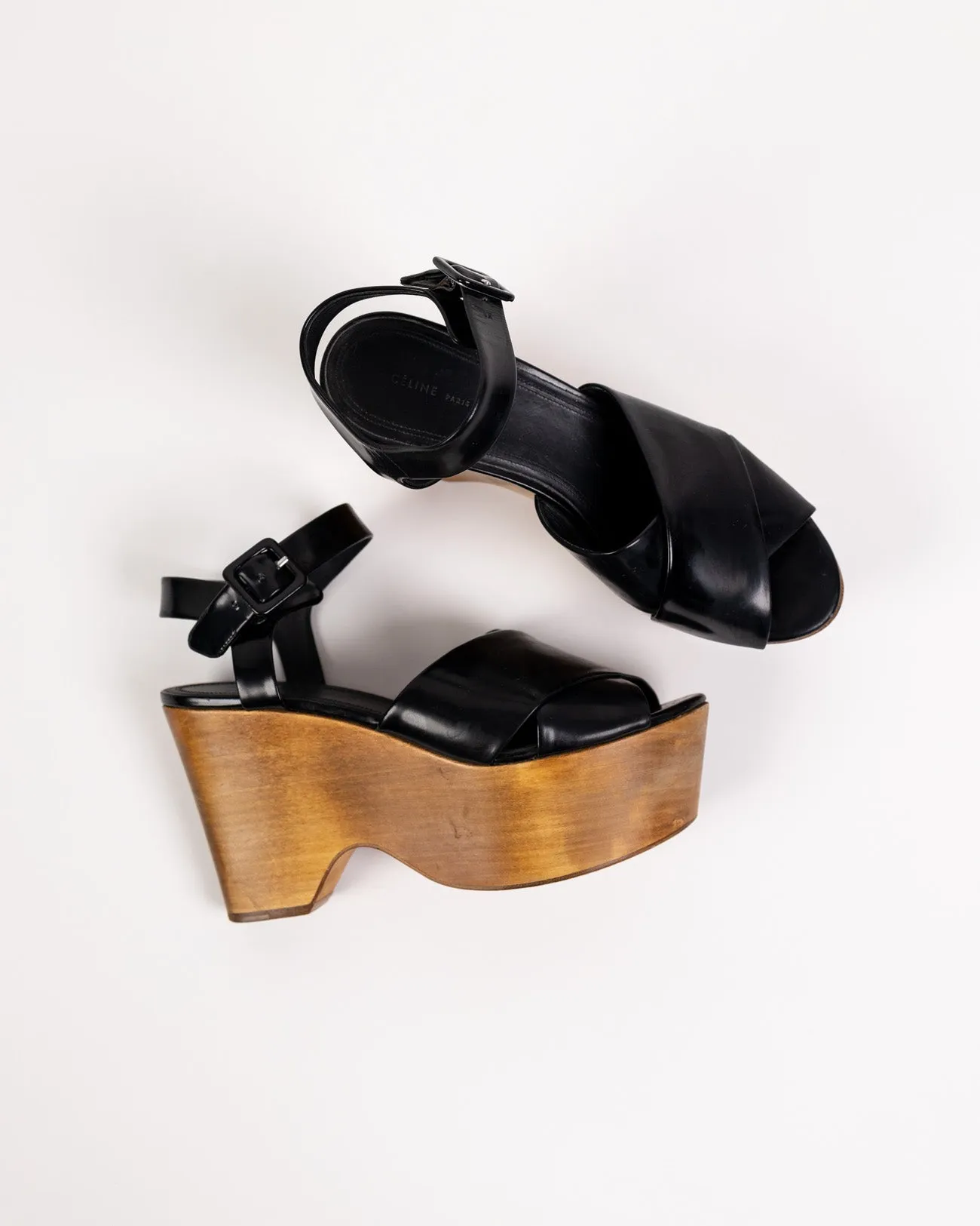 Celine Black Patent Wood Block Wedge Sandel