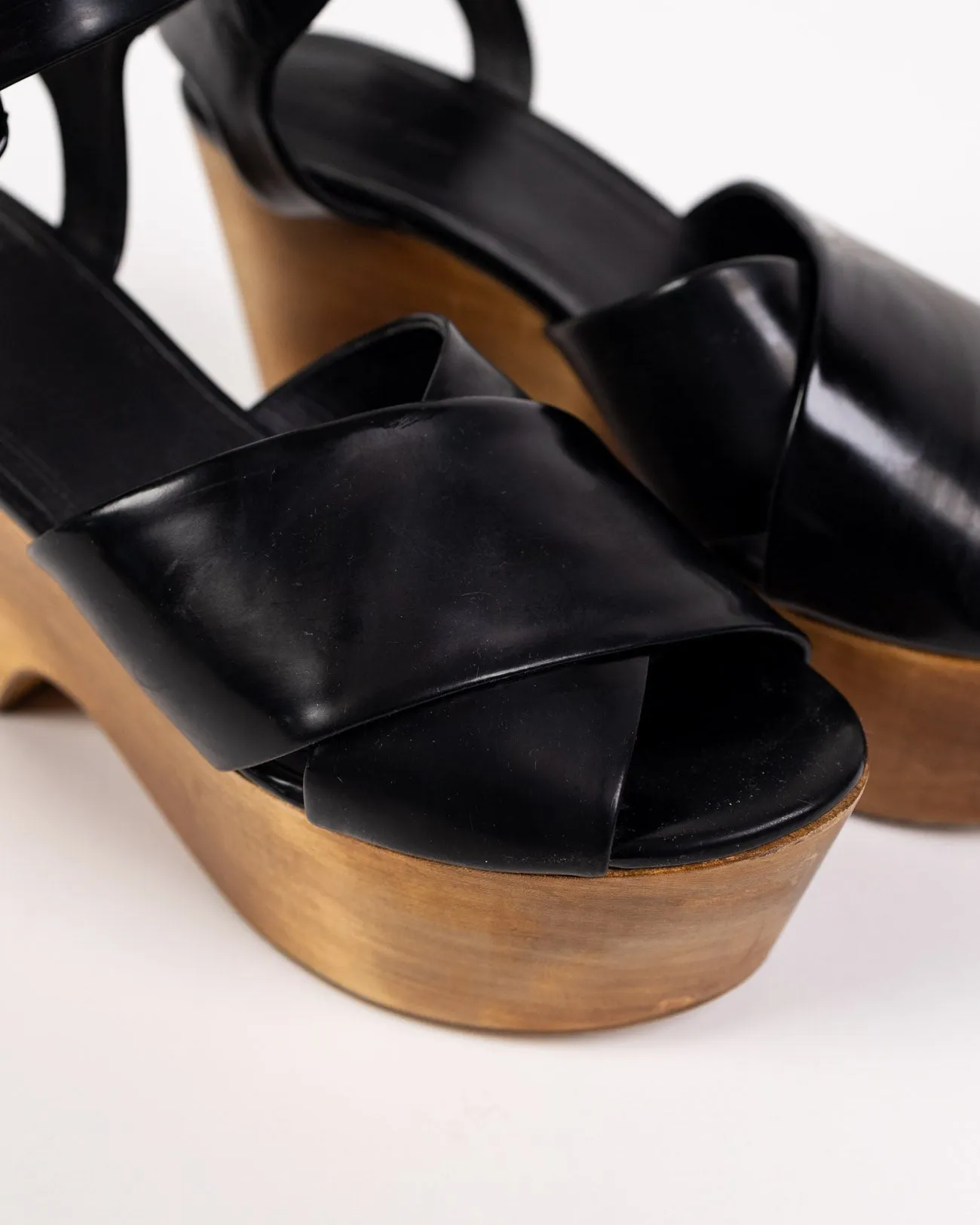 Celine Black Patent Wood Block Wedge Sandel