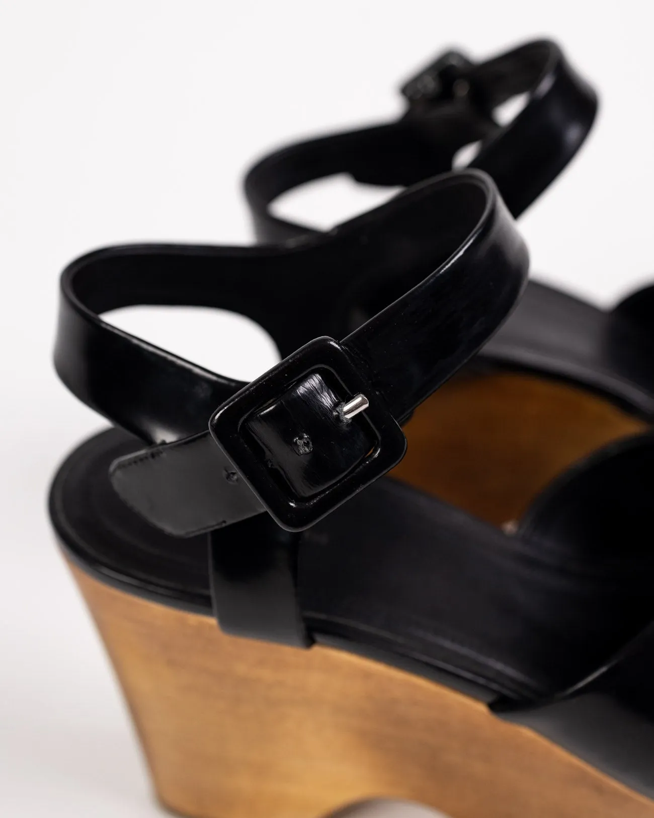 Celine Black Patent Wood Block Wedge Sandel