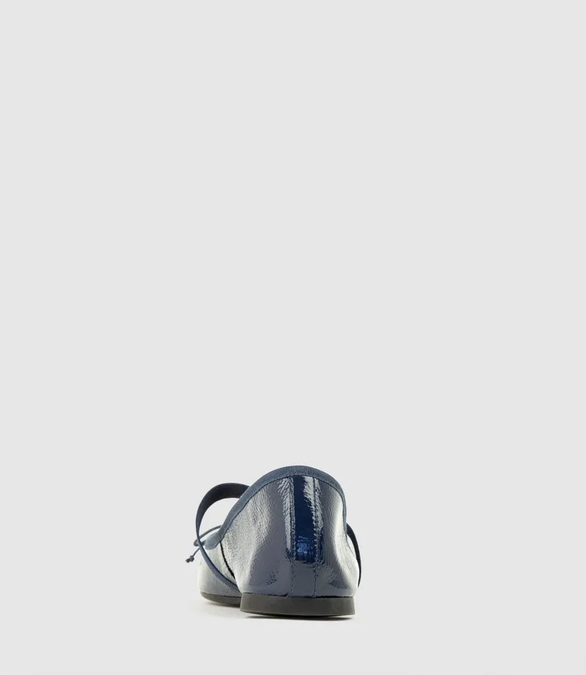 EFFIE Ruched Ballet with Strap in Navy Patent
