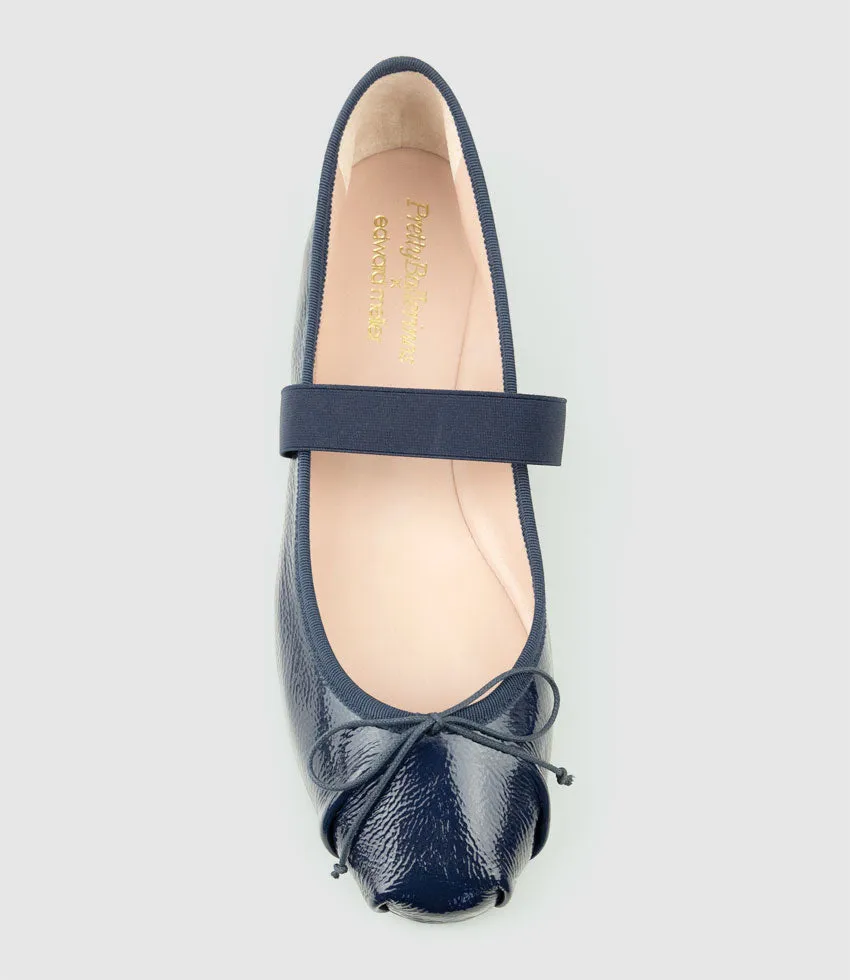 EFFIE Ruched Ballet with Strap in Navy Patent