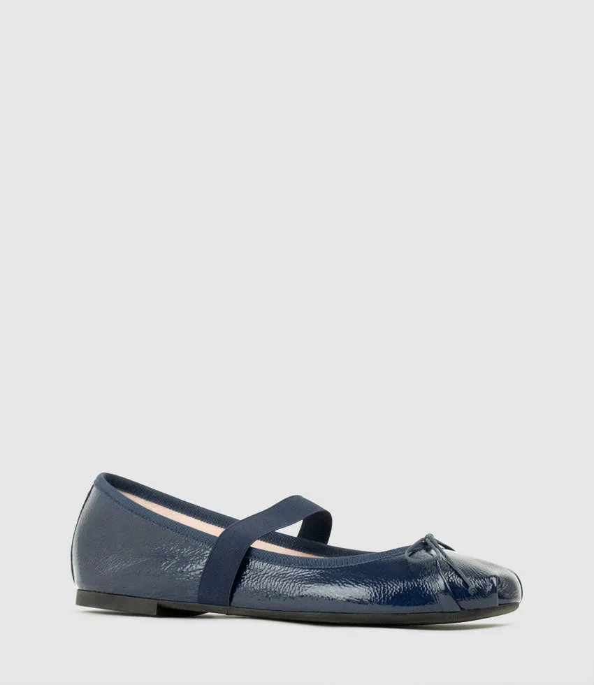 EFFIE Ruched Ballet with Strap in Navy Patent