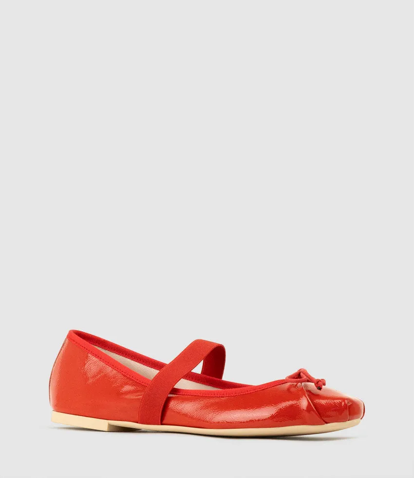 EFFIE Ruched Ballet with Strap in Red Patent