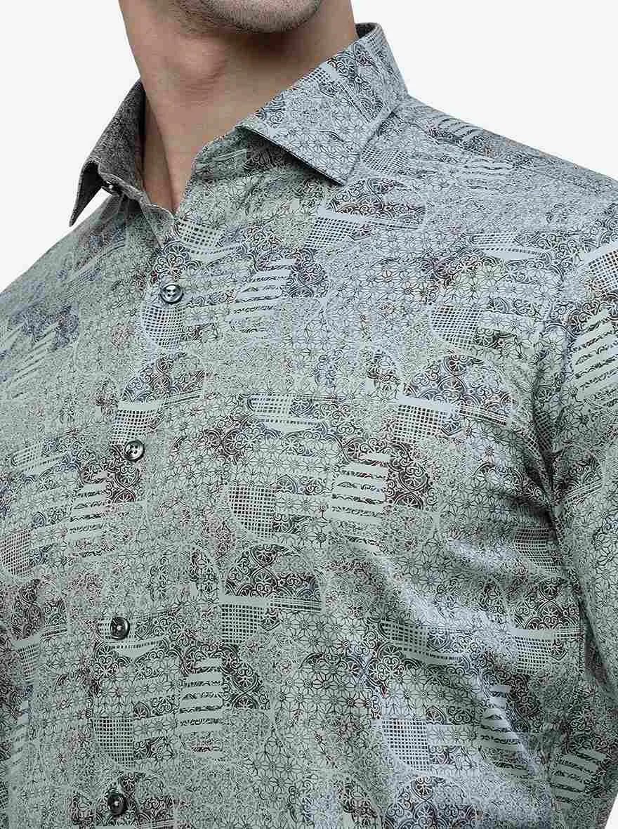 Green Printed Slim Fit Party Wear Shirt | JB Studio