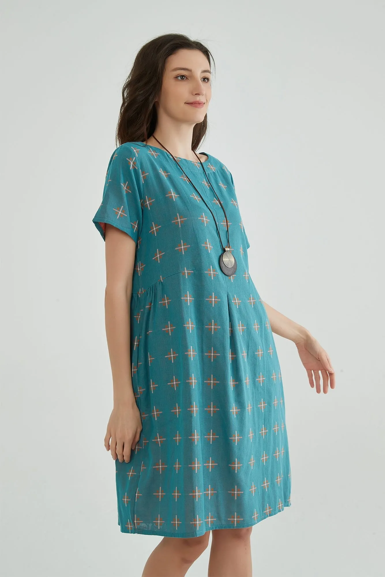 Greenish Blue Jacquard Cotton Gauze Dress