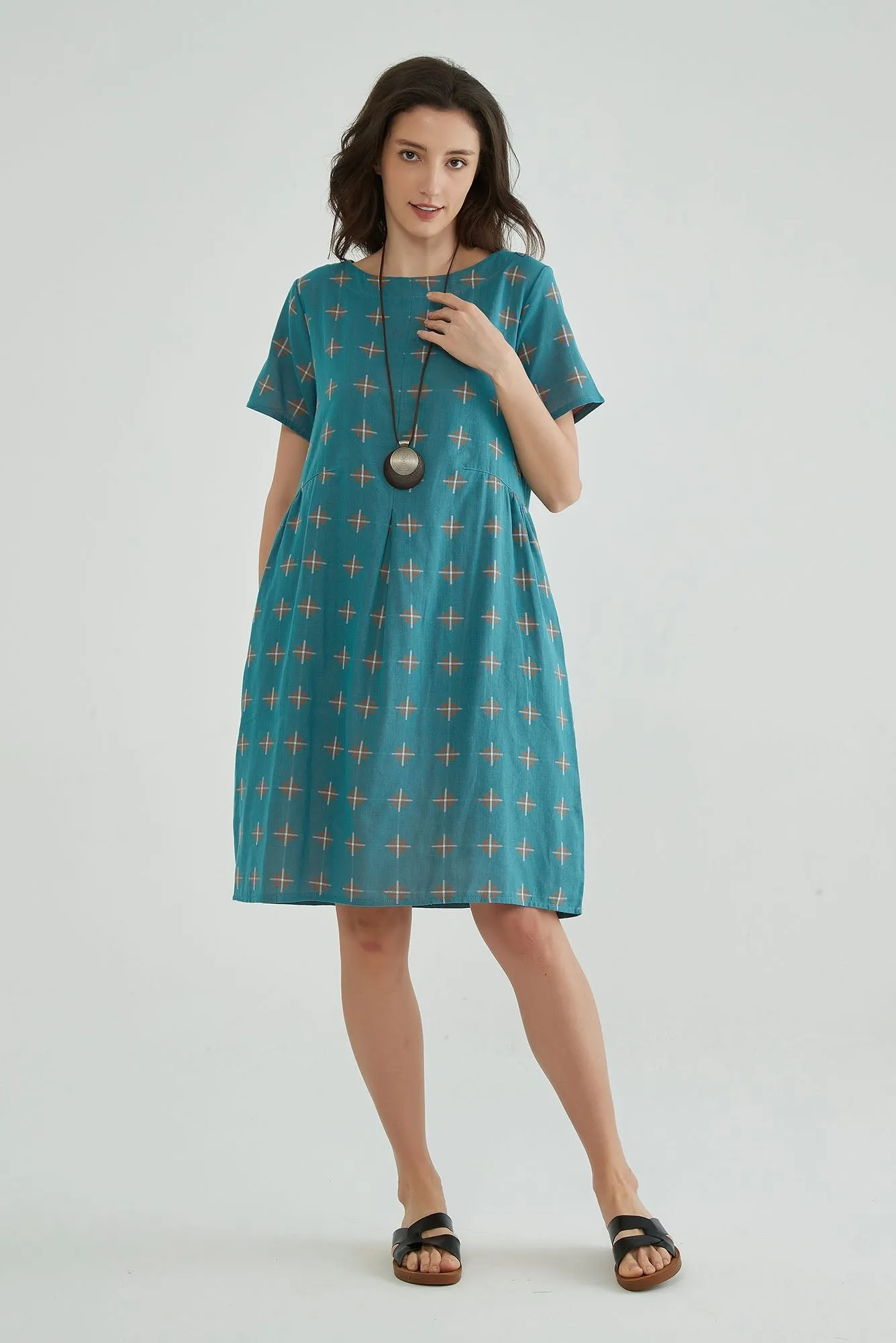 Greenish Blue Jacquard Cotton Gauze Dress