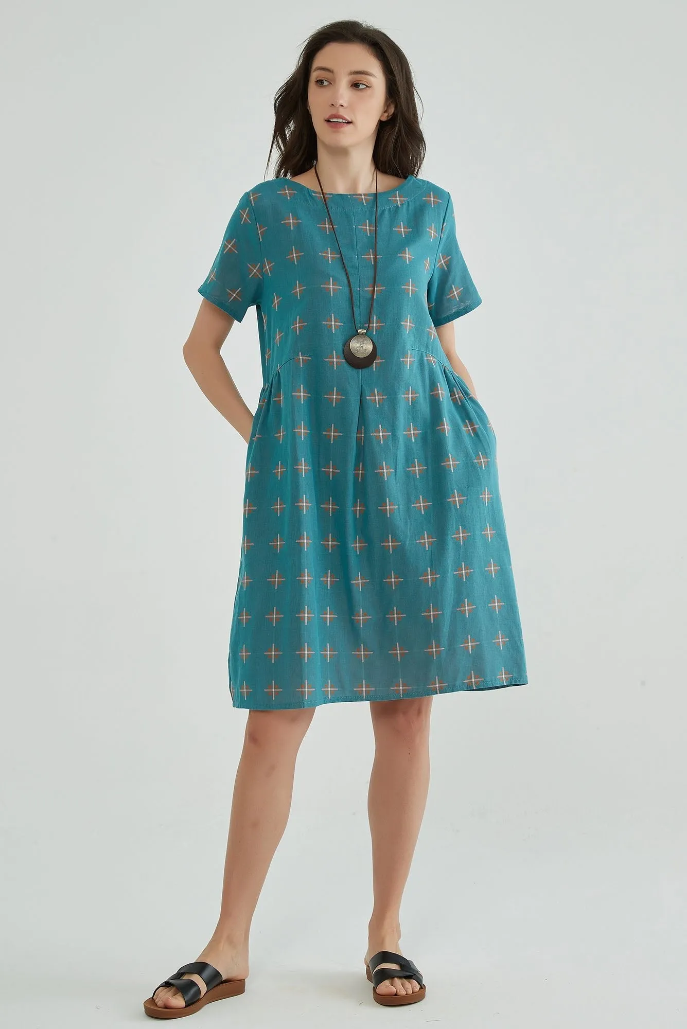 Greenish Blue Jacquard Cotton Gauze Dress
