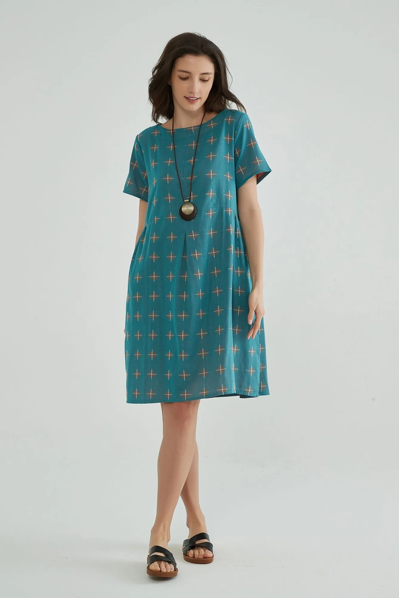 Greenish Blue Jacquard Cotton Gauze Dress