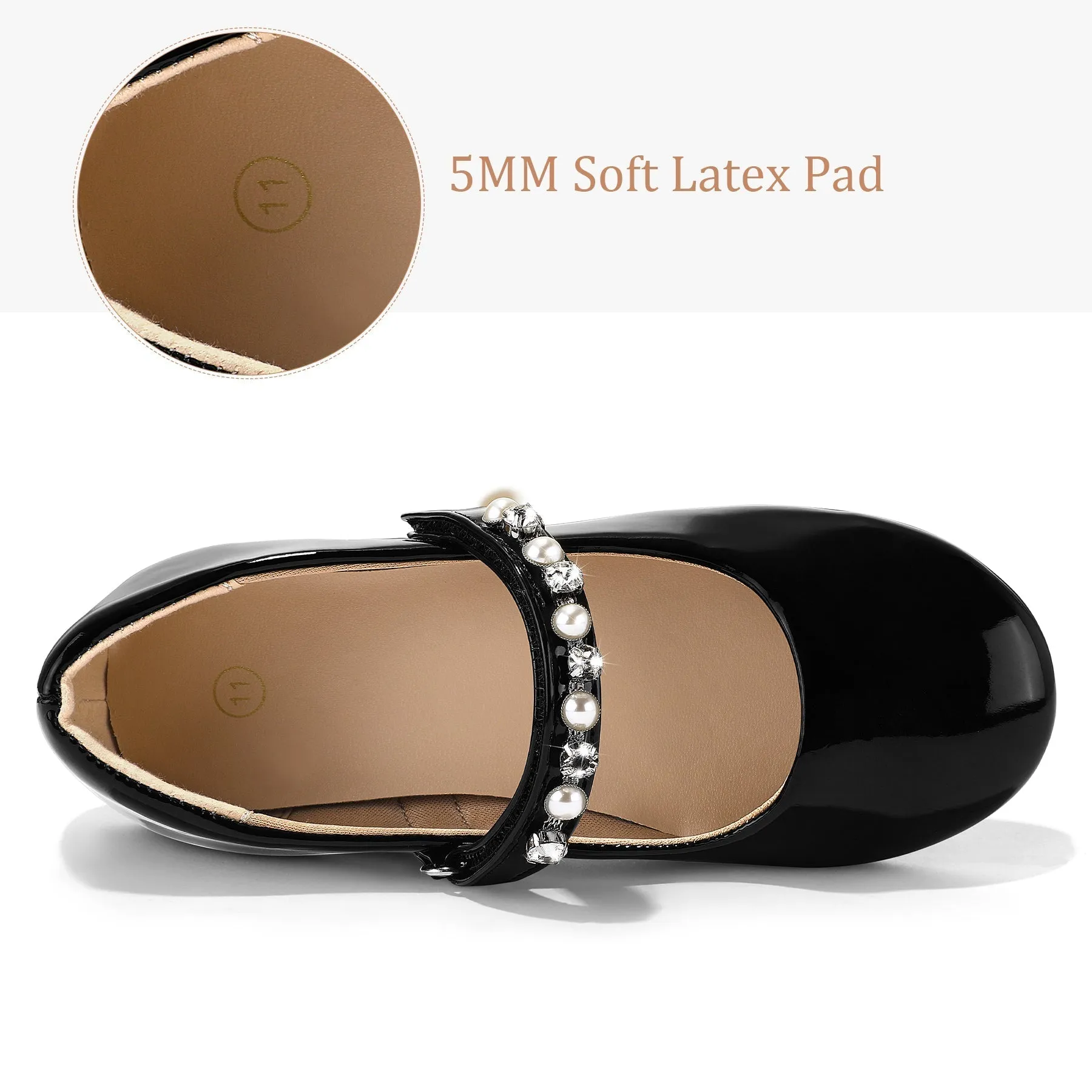 Kids Dress Shoes-Mary Jane Flats with Pearl Rhinestone Strap