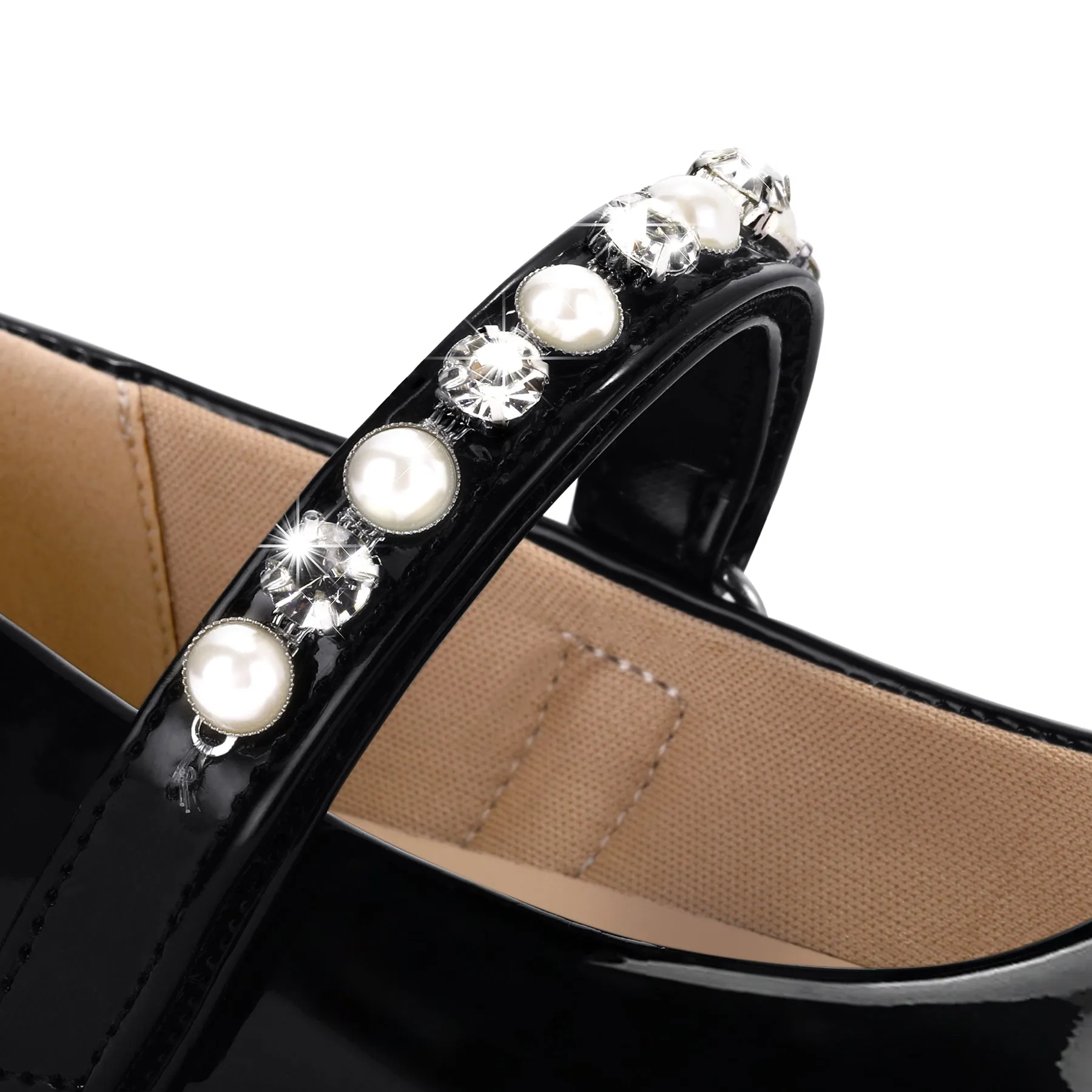 Kids Dress Shoes-Mary Jane Flats with Pearl Rhinestone Strap