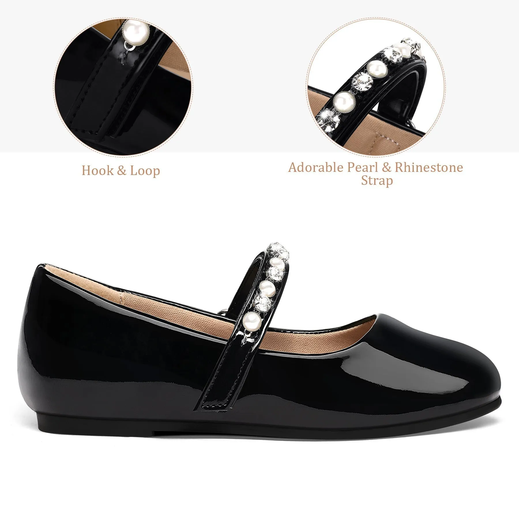 Kids Dress Shoes-Mary Jane Flats with Pearl Rhinestone Strap