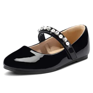 Kids Dress Shoes-Mary Jane Flats with Pearl Rhinestone Strap