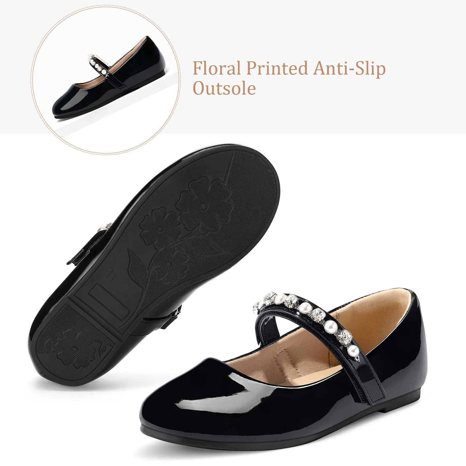 Kids Dress Shoes-Mary Jane Flats with Pearl Rhinestone Strap