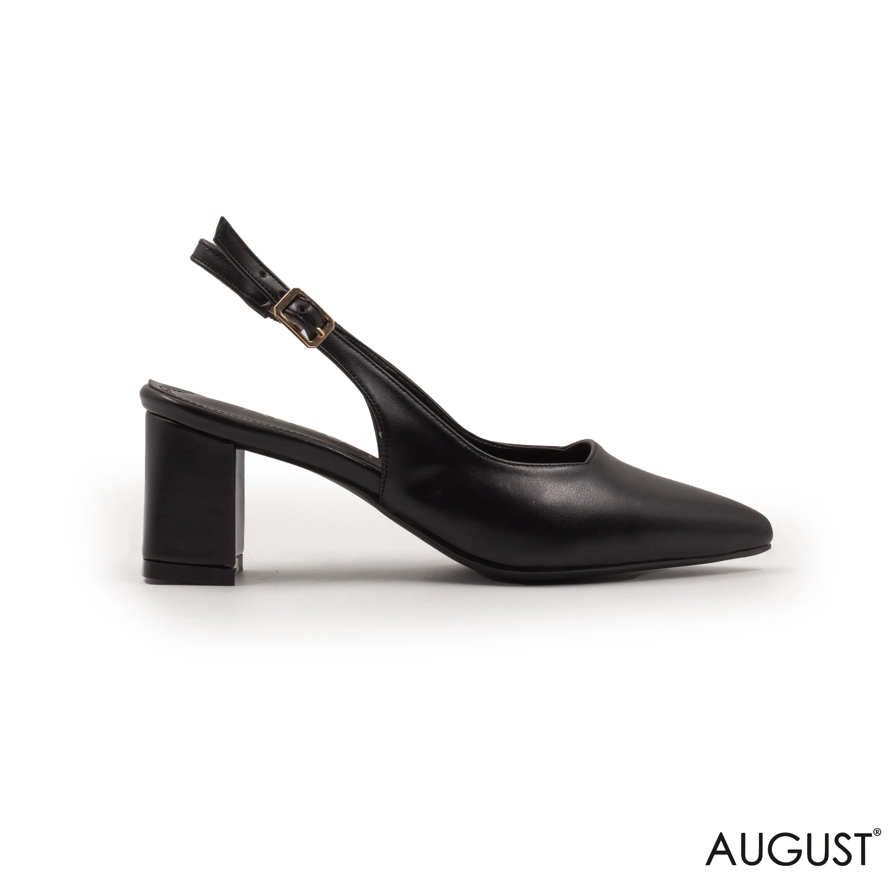LEATHER MATT BLACK BLOCK -HEEL WITH BUCKLE