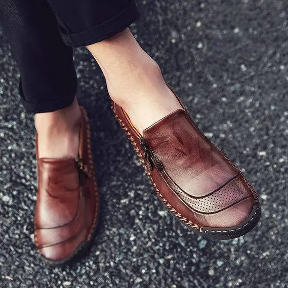Libiyi Men Hand Stitching Zipper Slip-ons Leather Shoes