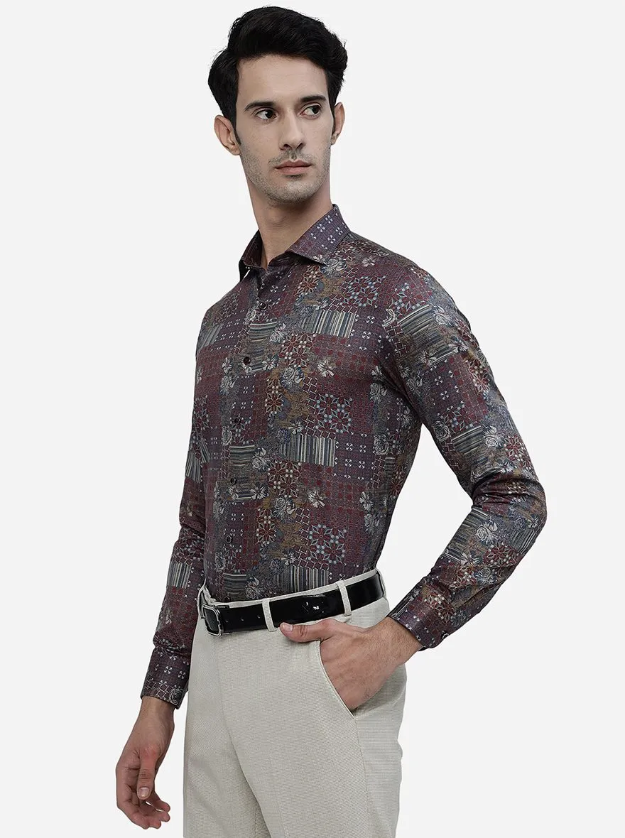 Maroon Printed Slim Fit Party Wear Shirt | JB Studio