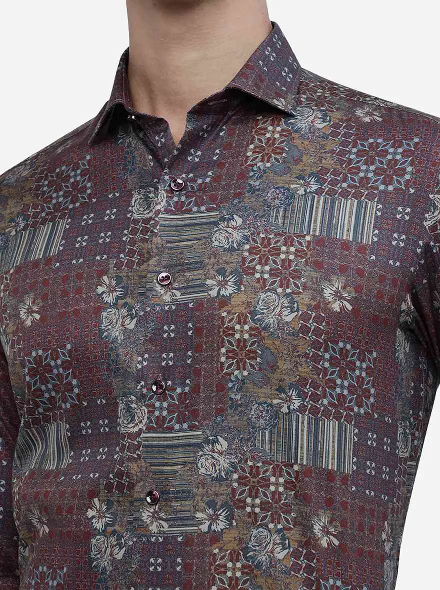 Maroon Printed Slim Fit Party Wear Shirt | JB Studio