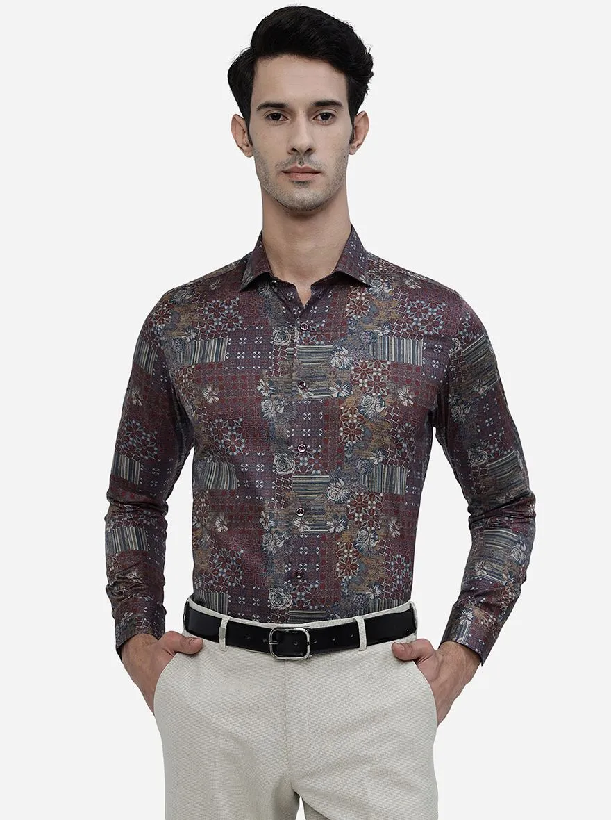 Maroon Printed Slim Fit Party Wear Shirt | JB Studio