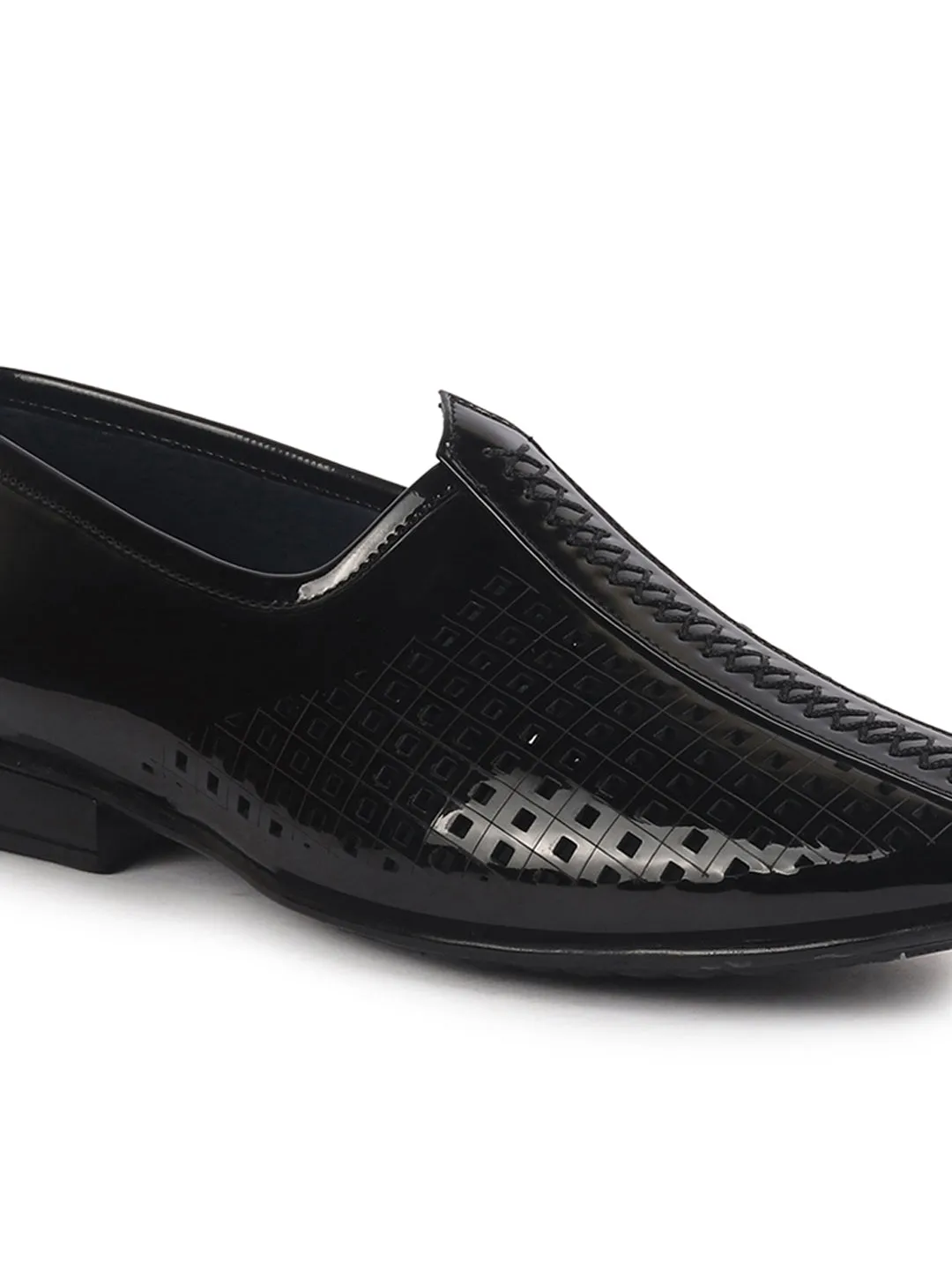 Men Black Patent Leather Breathable Traditional Wedding Slip On Ethnic Juttis and Mojaris|Party Slip On Evening Shoes|Striped Mojaris