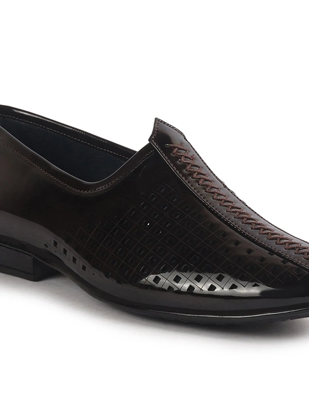Men Brown Patent Leather Breathable Traditional Wedding Slip On Ethnic Juttis and Mojaris|Party Slip On Evening Shoes|Striped Mojaris