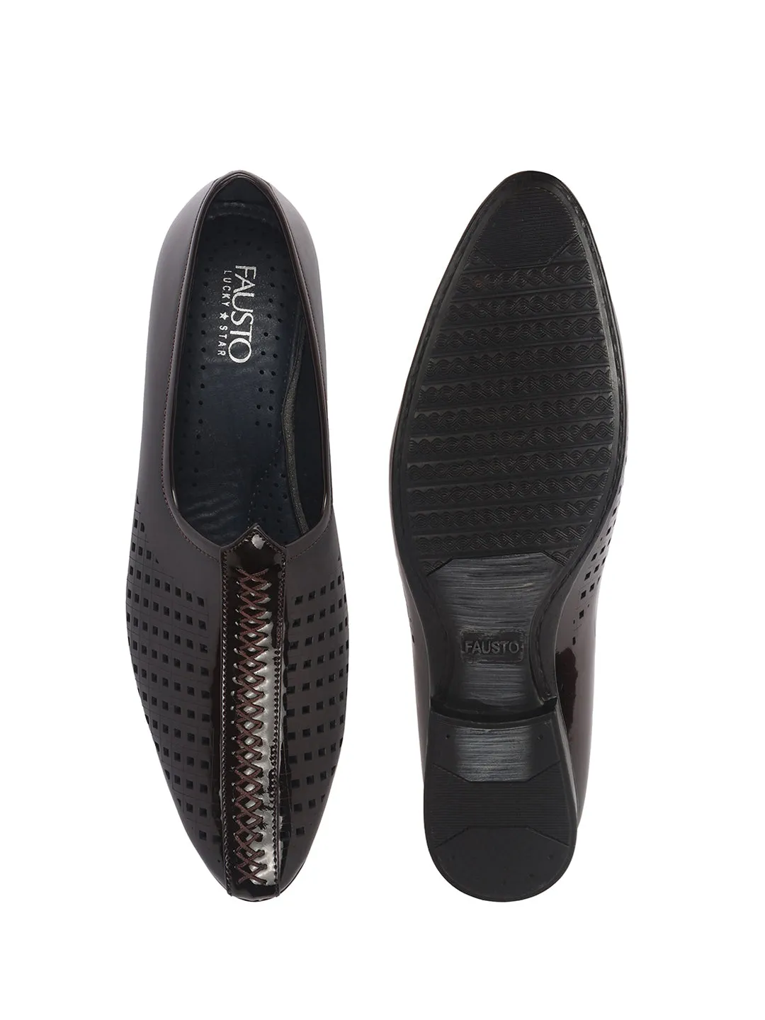 Men Brown Patent Leather Breathable Traditional Wedding Slip On Ethnic Juttis and Mojaris|Party Slip On Evening Shoes|Striped Mojaris