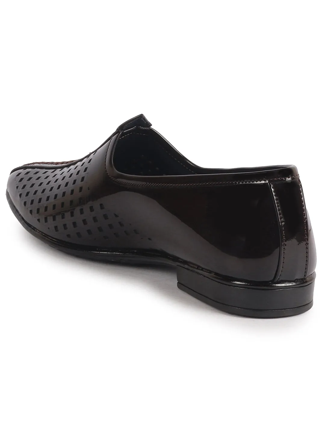 Men Brown Patent Leather Breathable Traditional Wedding Slip On Ethnic Juttis and Mojaris|Party Slip On Evening Shoes|Striped Mojaris