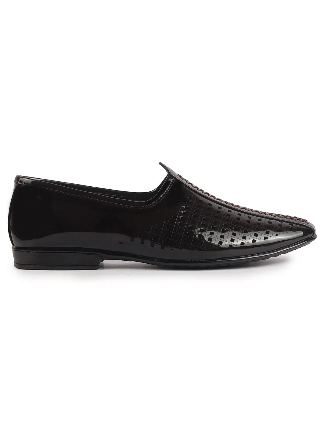 Men Brown Patent Leather Breathable Traditional Wedding Slip On Ethnic Juttis and Mojaris|Party Slip On Evening Shoes|Striped Mojaris