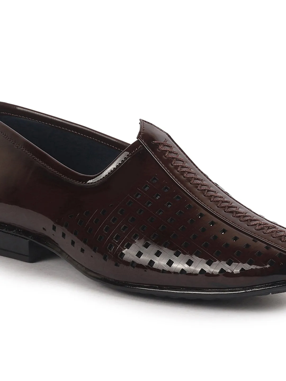 Men Tan Patent Leather Breathable Traditional Wedding Slip On Ethnic Juttis and Mojaris|Party Slip On Evening Shoes|Striped Mojaris