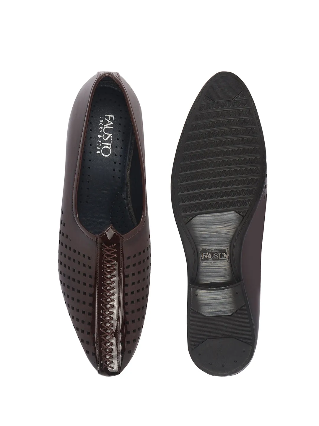 Men Tan Patent Leather Breathable Traditional Wedding Slip On Ethnic Juttis and Mojaris|Party Slip On Evening Shoes|Striped Mojaris