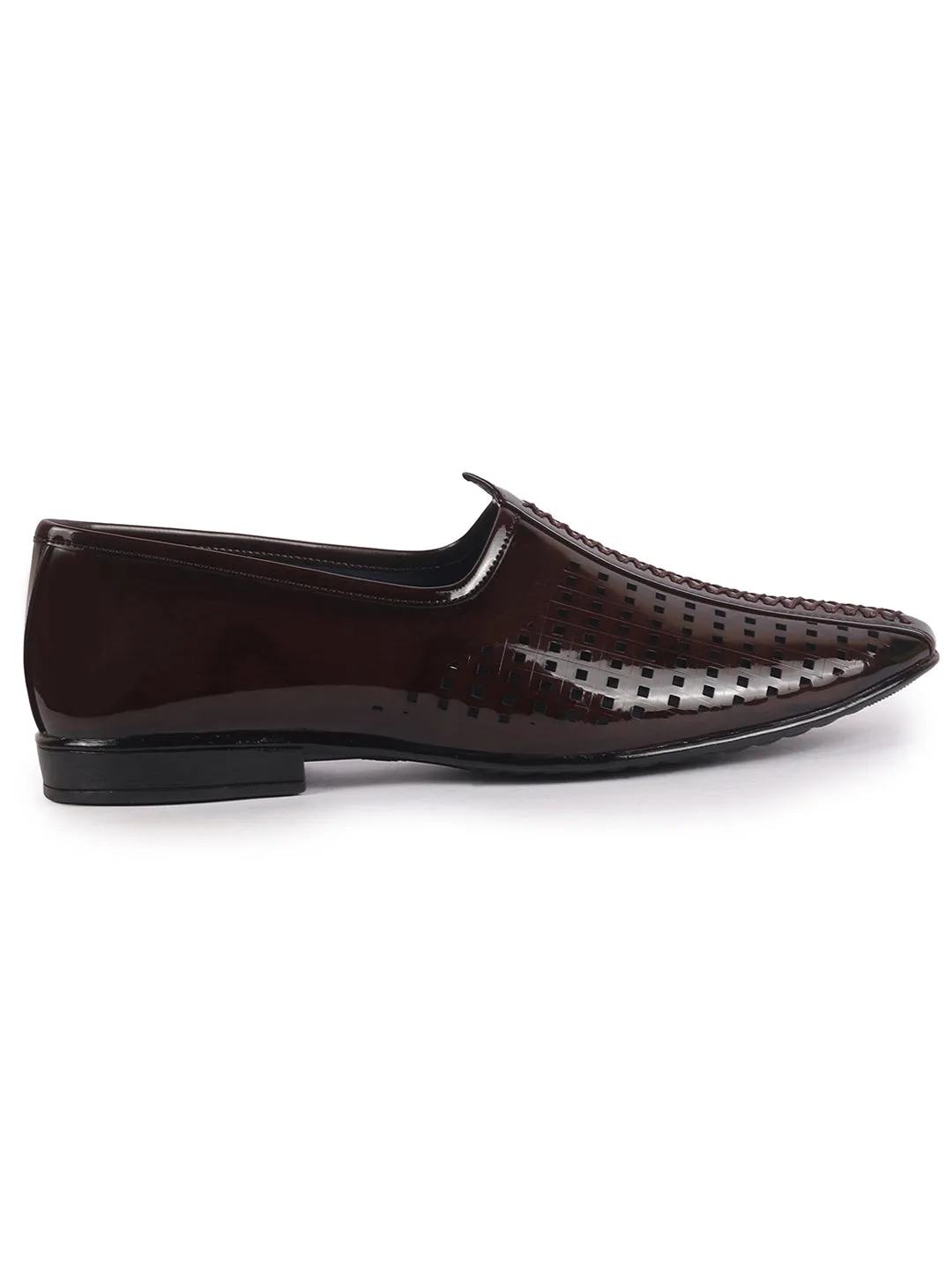Men Tan Patent Leather Breathable Traditional Wedding Slip On Ethnic Juttis and Mojaris|Party Slip On Evening Shoes|Striped Mojaris