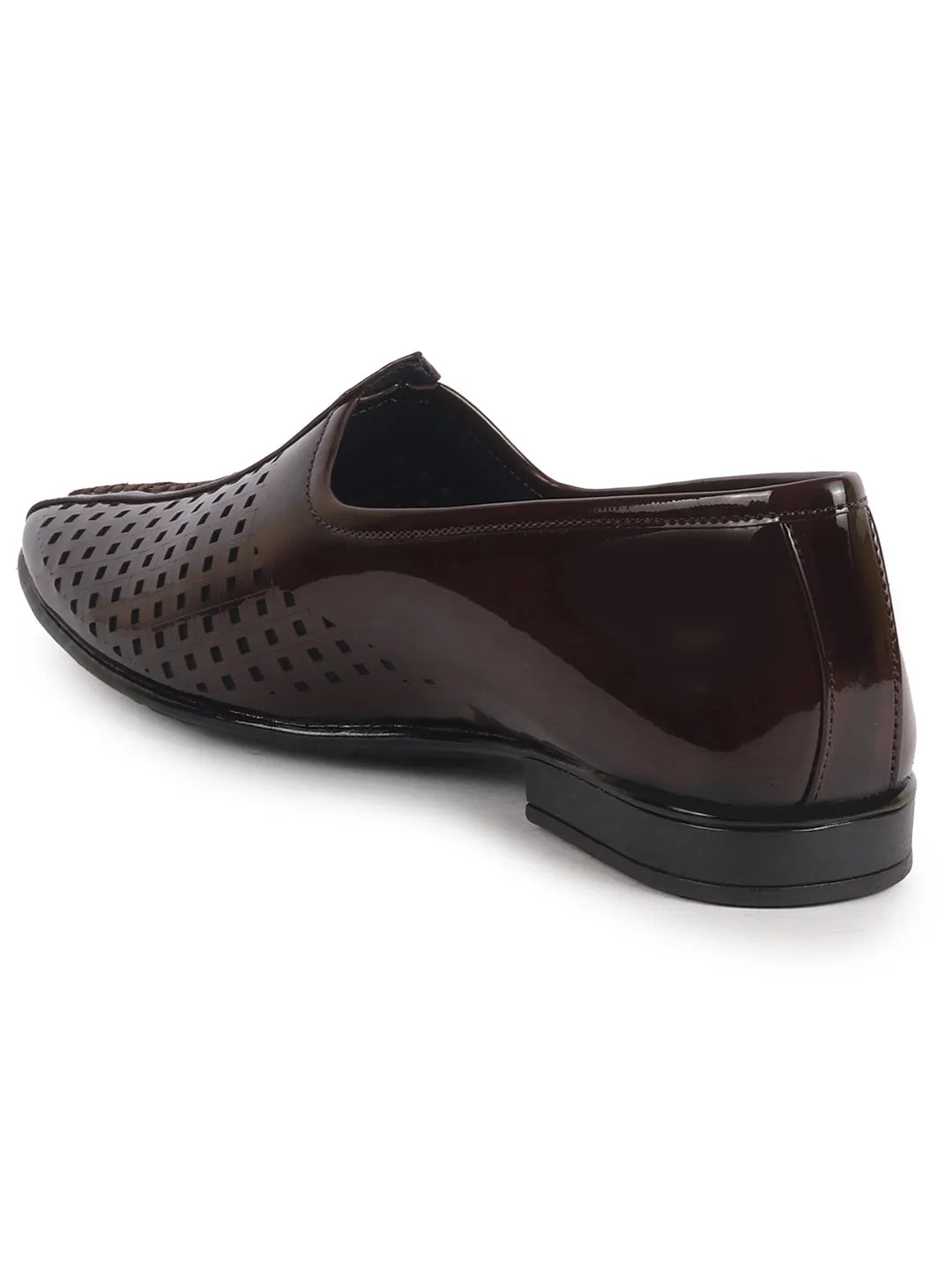 Men Tan Patent Leather Breathable Traditional Wedding Slip On Ethnic Juttis and Mojaris|Party Slip On Evening Shoes|Striped Mojaris