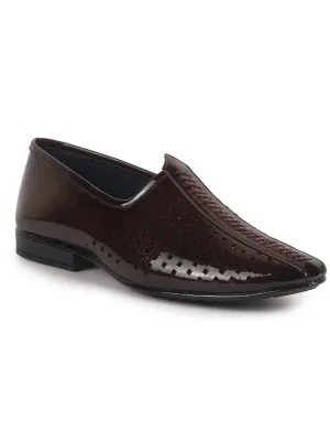 Men Tan Patent Leather Breathable Traditional Wedding Slip On Ethnic Juttis and Mojaris|Party Slip On Evening Shoes|Striped Mojaris
