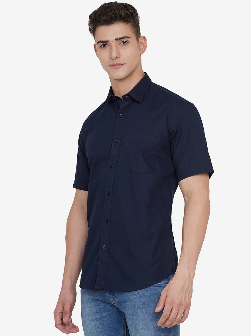 Navy Blue Solid Slim Fit Casual Shirt | JadeBlue