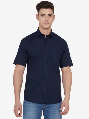 Navy Blue Solid Slim Fit Casual Shirt | JadeBlue