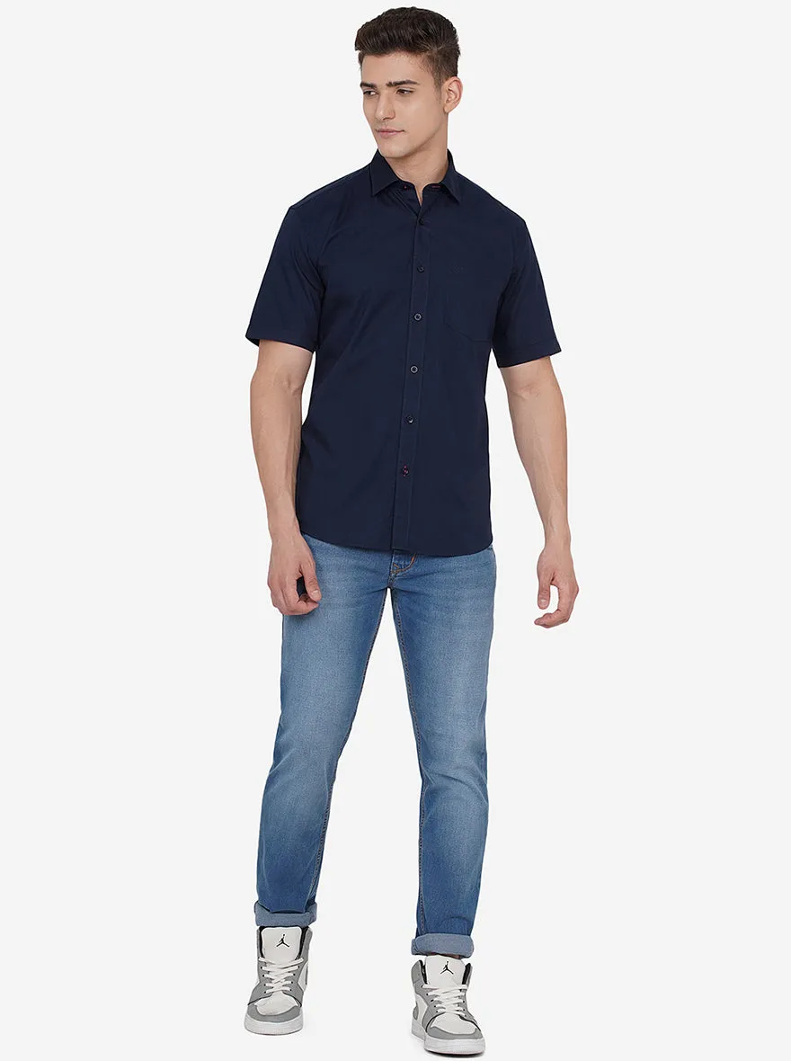 Navy Blue Solid Slim Fit Casual Shirt | JadeBlue