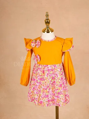 Orange Frock Adorned with Colorful Floral Designs and Full Sleeve for Girls