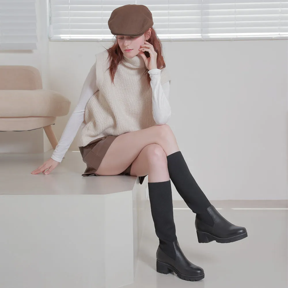 Palermo Stretchy Knit Knee-High Chunky Boots (Nero)