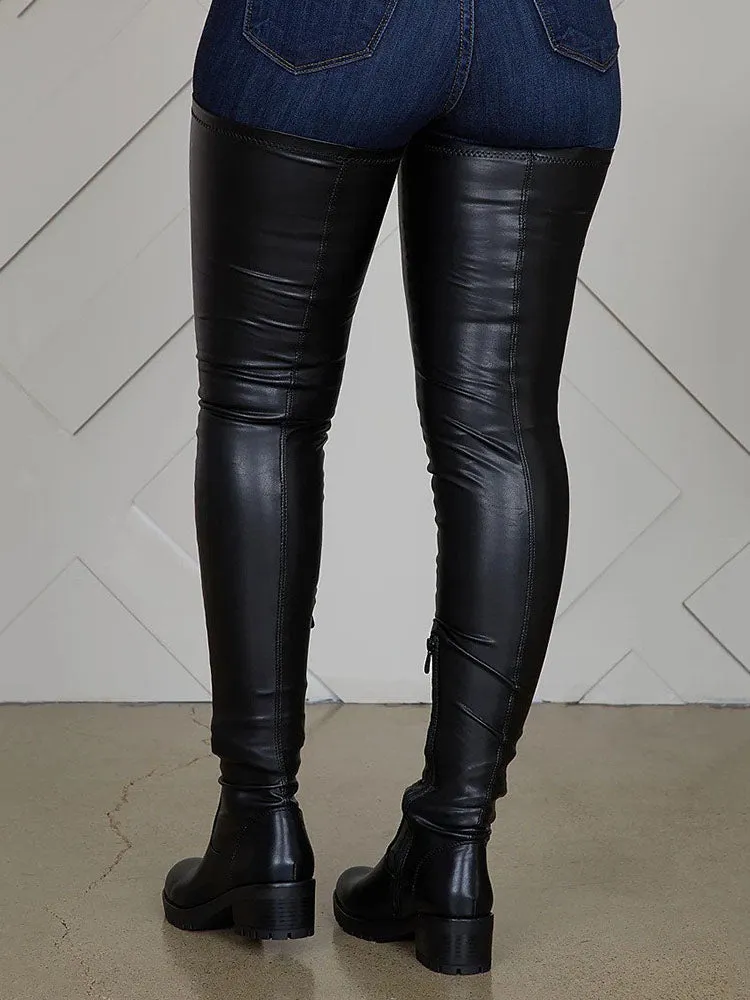 PU Leather Flat Over Knee Boots