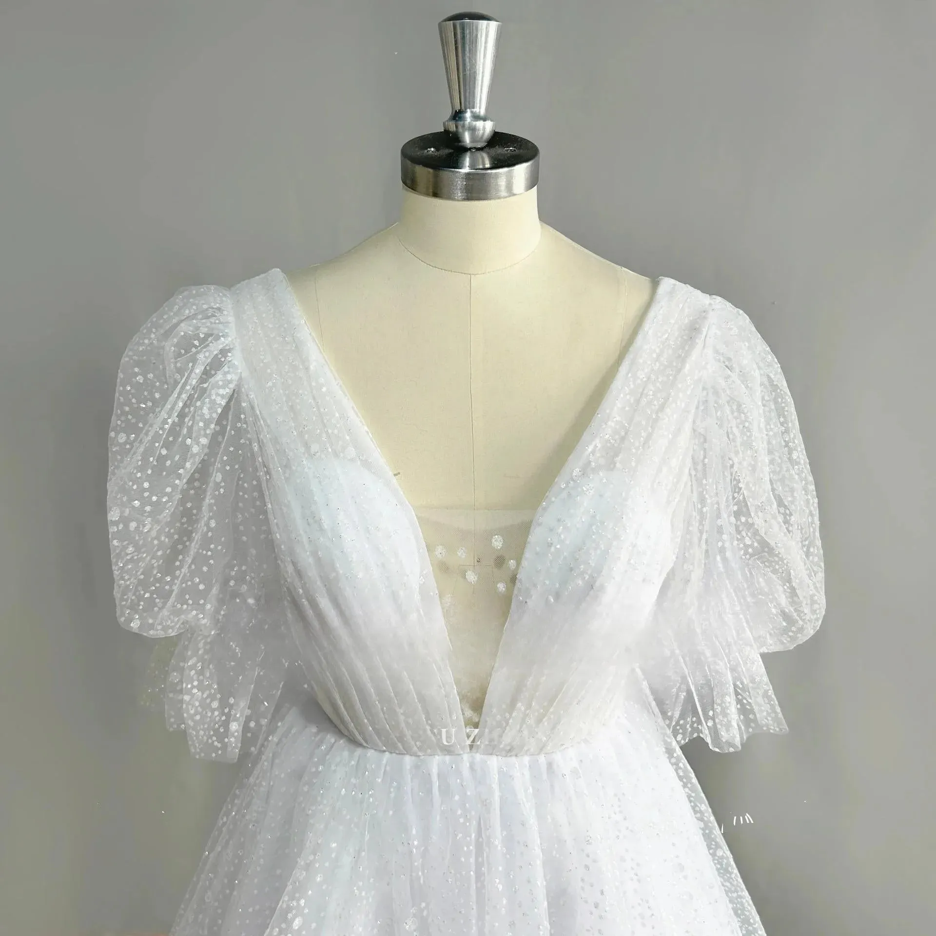 Puff Sleeves Sparkly Tulle Mini Short Wedding Dress V Neck Backless Above Knee Shiny Bridal Gown